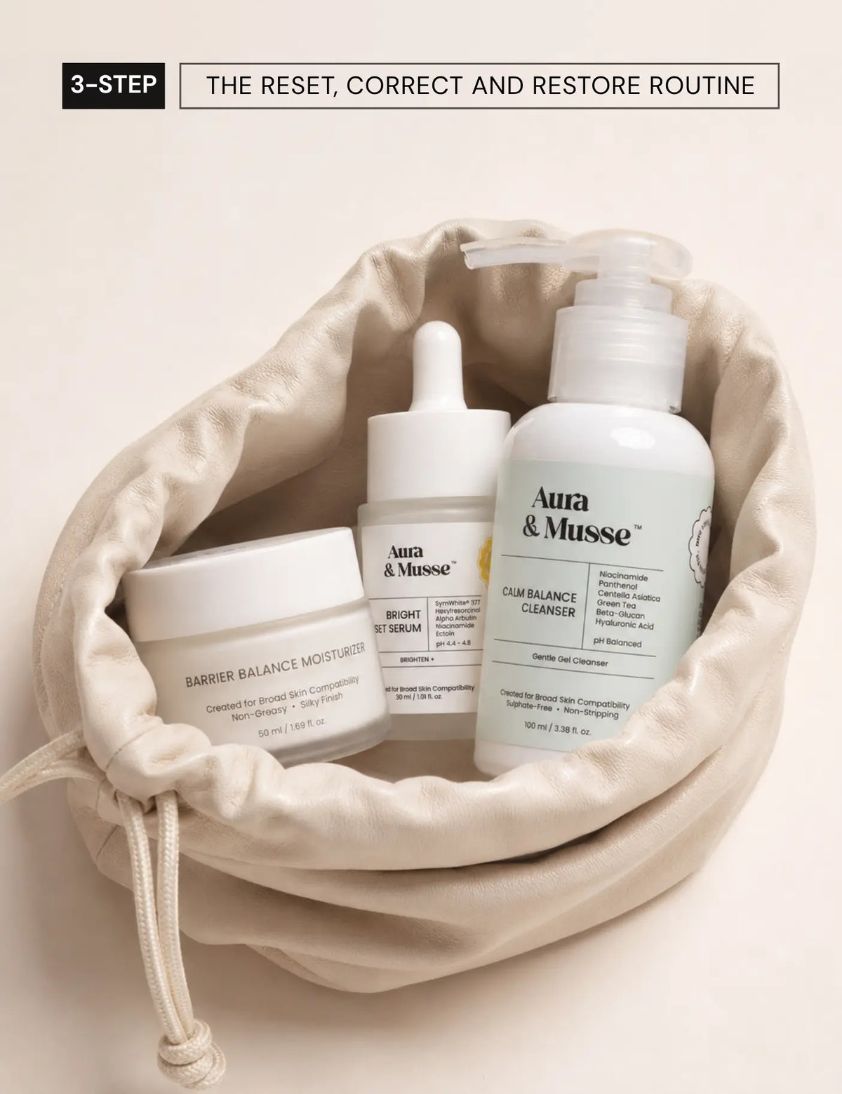 The Reset Bundle – Calm Balance Cleanser, Bright Reset Serum and Barrier Balance Moisturizer by Aura & Musse