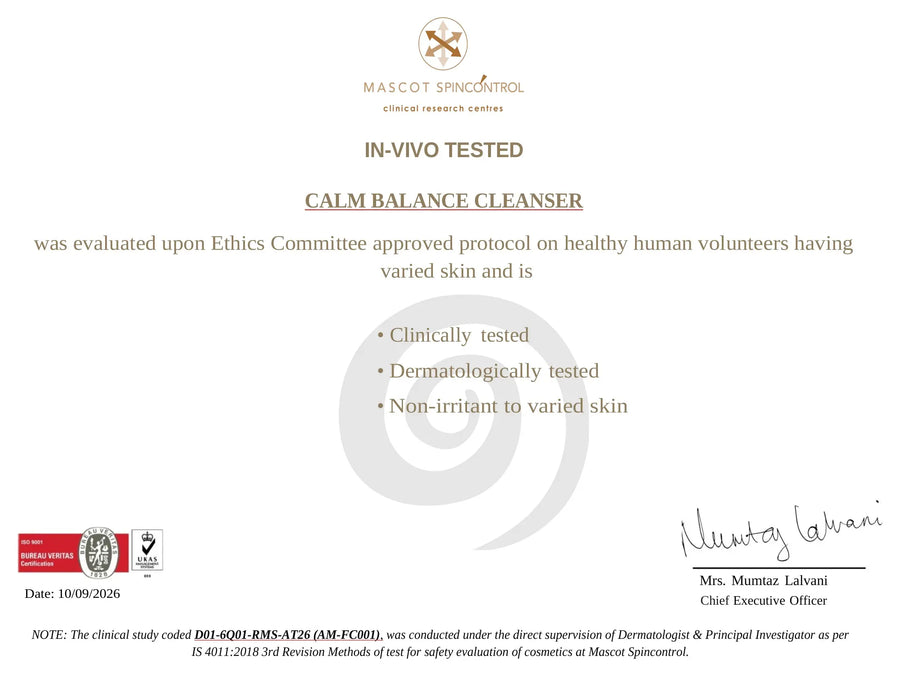 Calm Balance Cleanser in-vivo dermatological test certificate