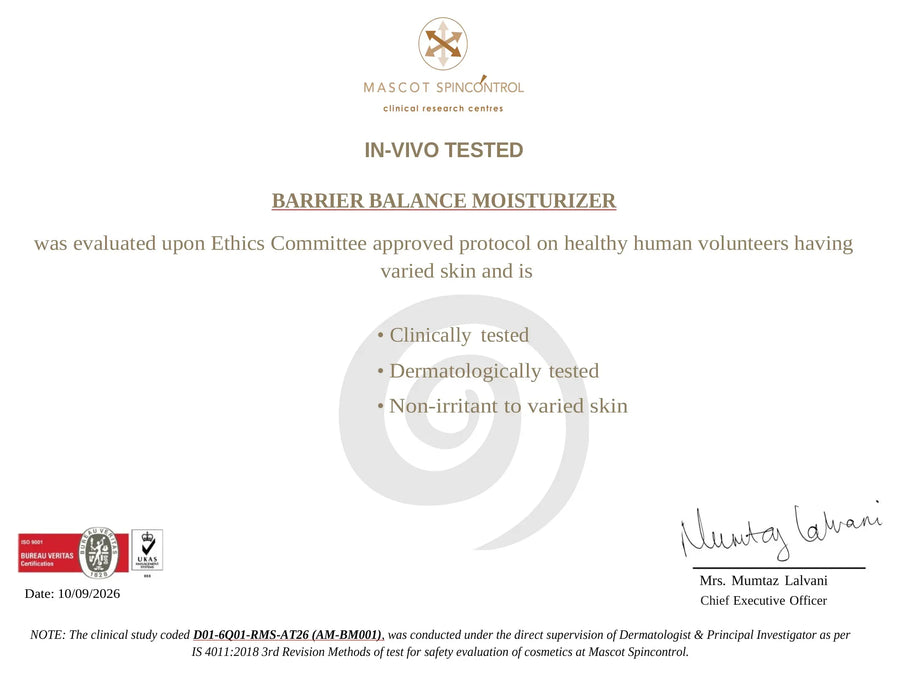 Barrier Balance Moisturizer in-vivo dermatological test certificate