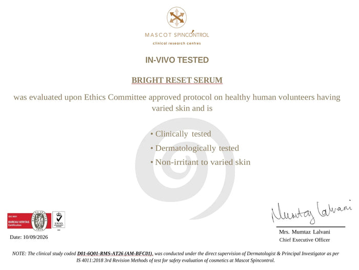 Bright Reset Serum in-vivo dermatological test certificate
