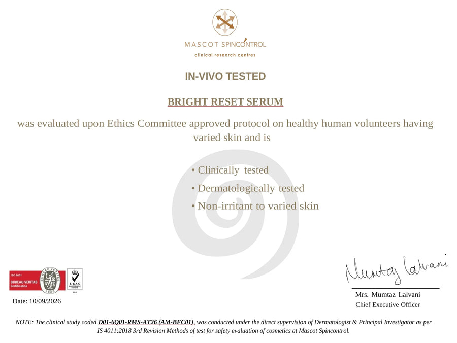 Bright Reset Serum in-vivo dermatological test certificate